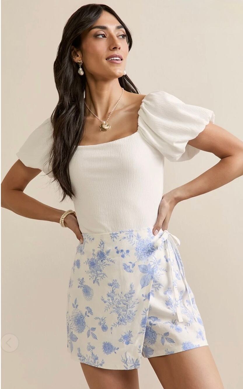 Francesca’s women’s linen blend blue white toile faux wrap skirt skort Medium